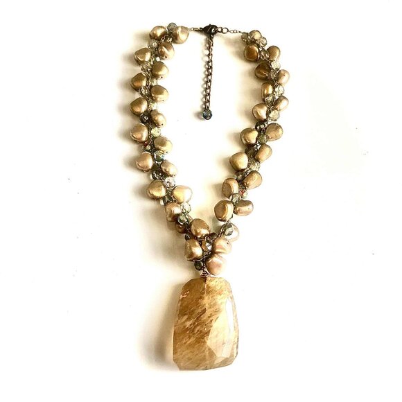 NWT ALEXANDRA'S ACCENTS Baroque Quartz Pendant Beaded Necklace 9" Antique Gold - Picture 3 of 4